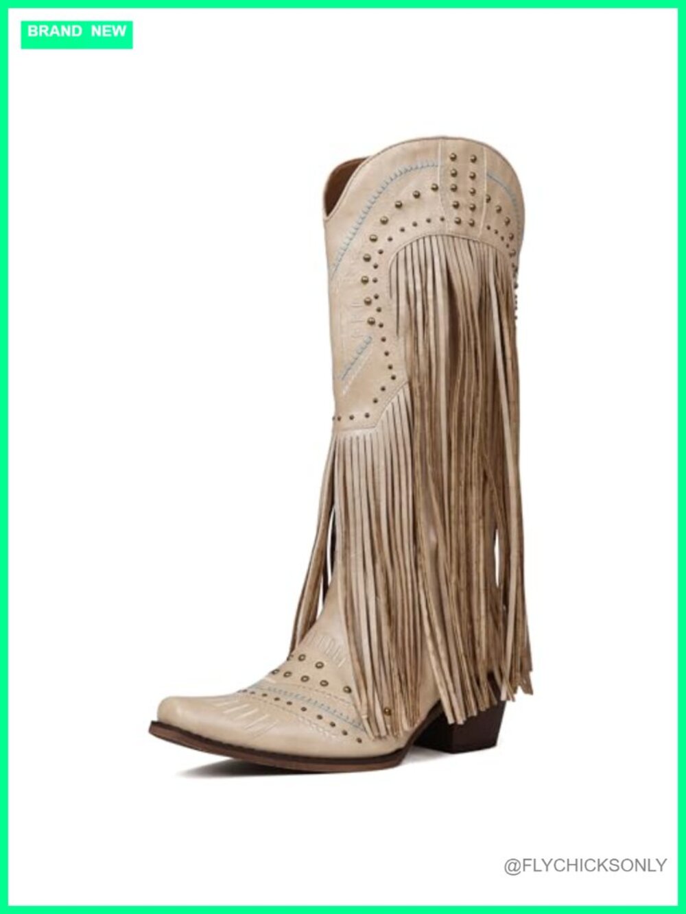Fringe Studded Knee-High Heeled Boots - Beige